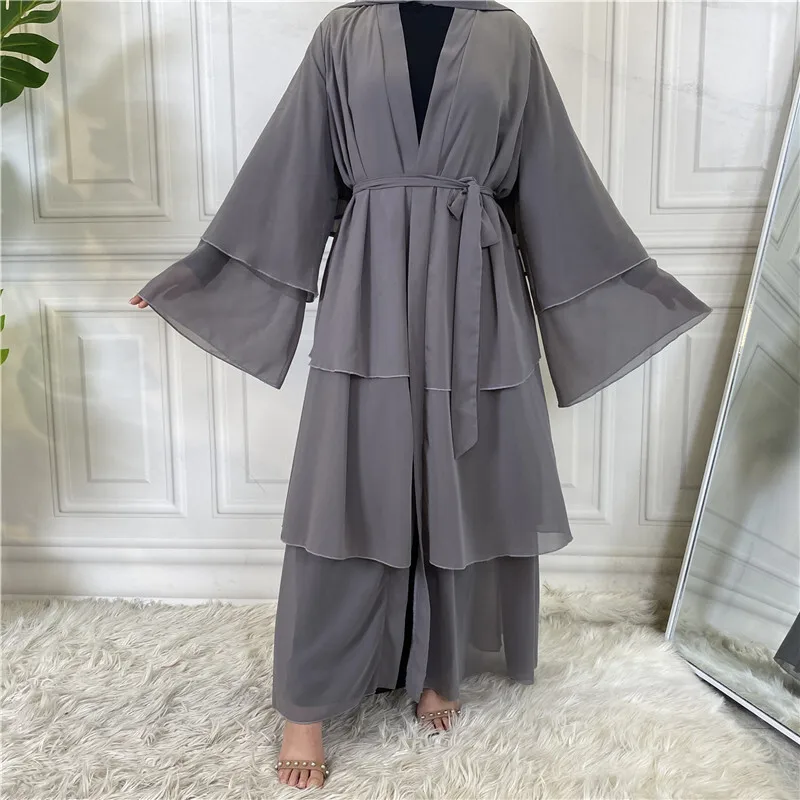 À la mode musulman élégant Abaya islamique polyvalent nouveau trois couches en mousseline de soie Cardigan Robe 1896 Ramadan dubaï luxe Islam élégant