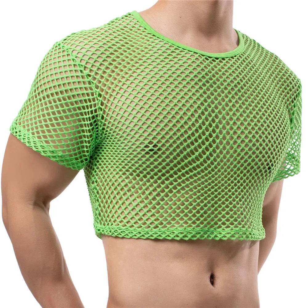 Sexy Mens Undershirts Transparent Mesh Crop Tops Fishnet Hollow Out T Shirts Sport Fitness Vests Nightclub Short Tees Sheer Tops