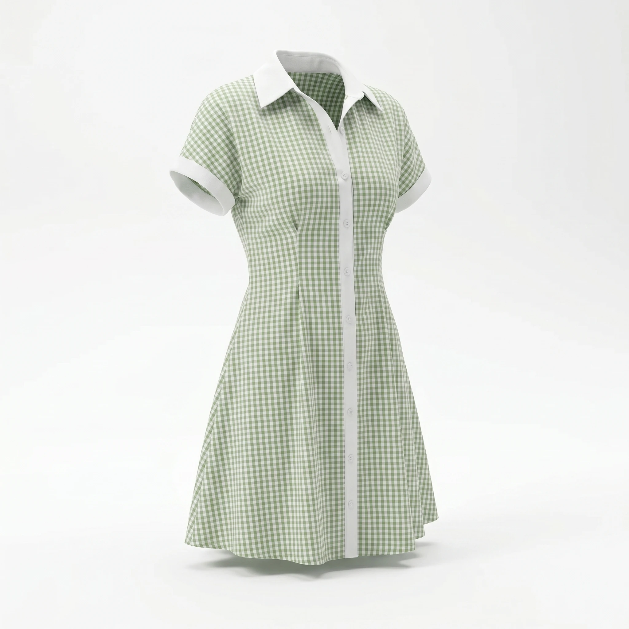 Grünes Gingham-Hemdkleid für Damen, Mini-Kleid mit Reverskragen, kurzen Ärmeln, Knopfleiste vorne, schmaler Taille, A-Linie, lässiges Bürokleid – Detail 7