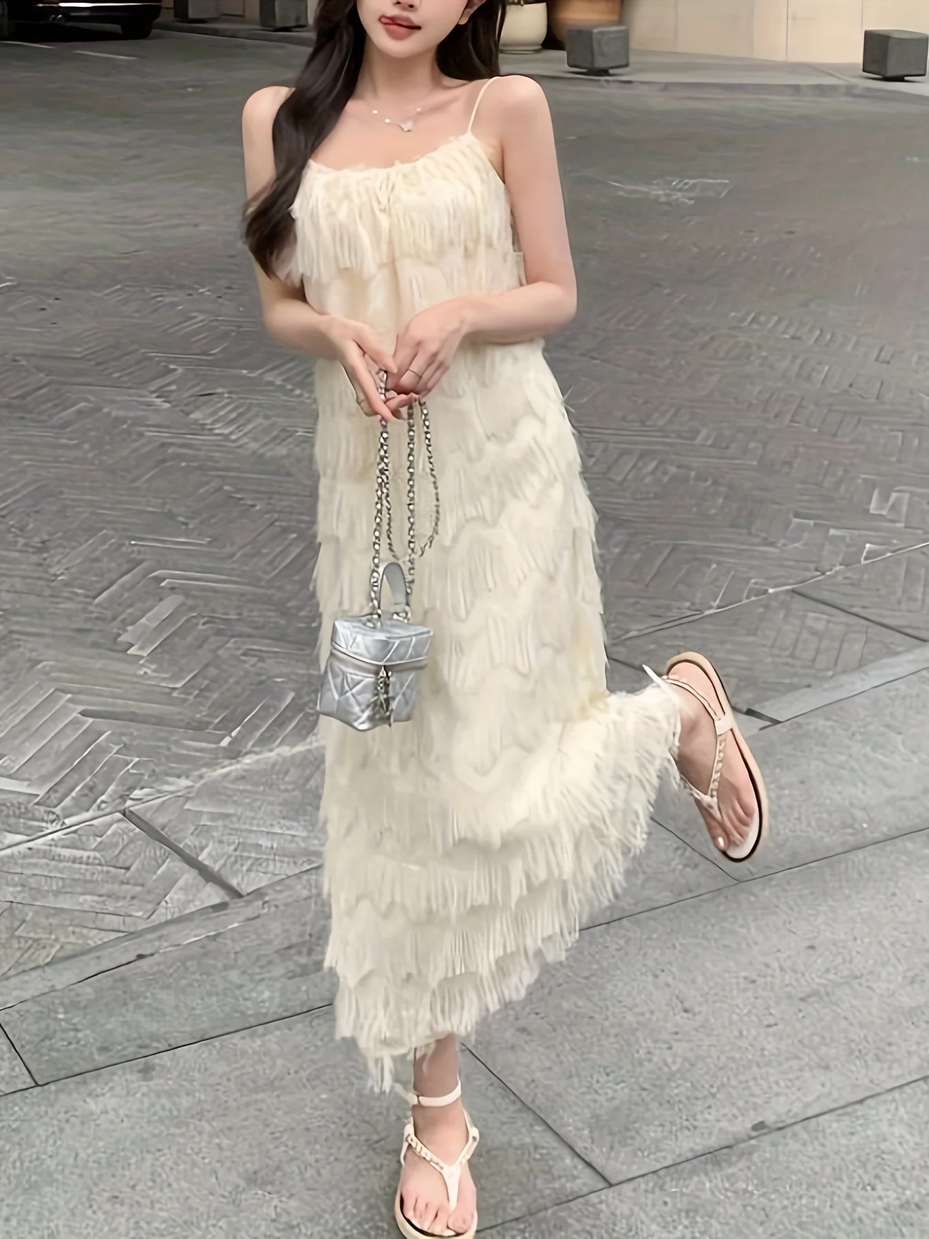 Fringe Tiered Dress-Delicate Spaghetti Strap,Sleeveless,and Flowy Cami Style with Eye-catching Fringe Details-Perfect for Spring