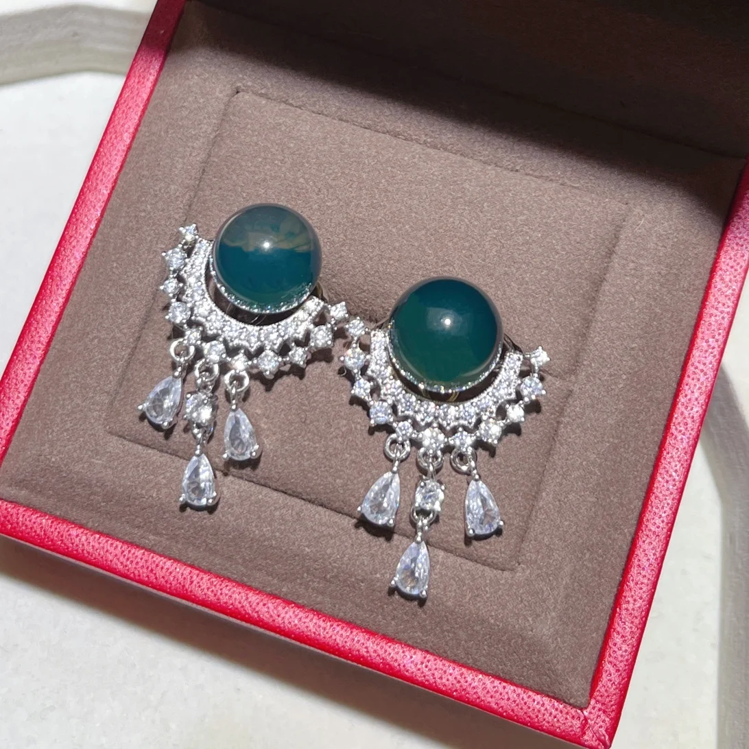 

Natural Mexican Blue Amber Silver Inlaid Earrings 10mm Fan Shaped Row Diamond Design Two Wearing Methods Ear Stud and Earring