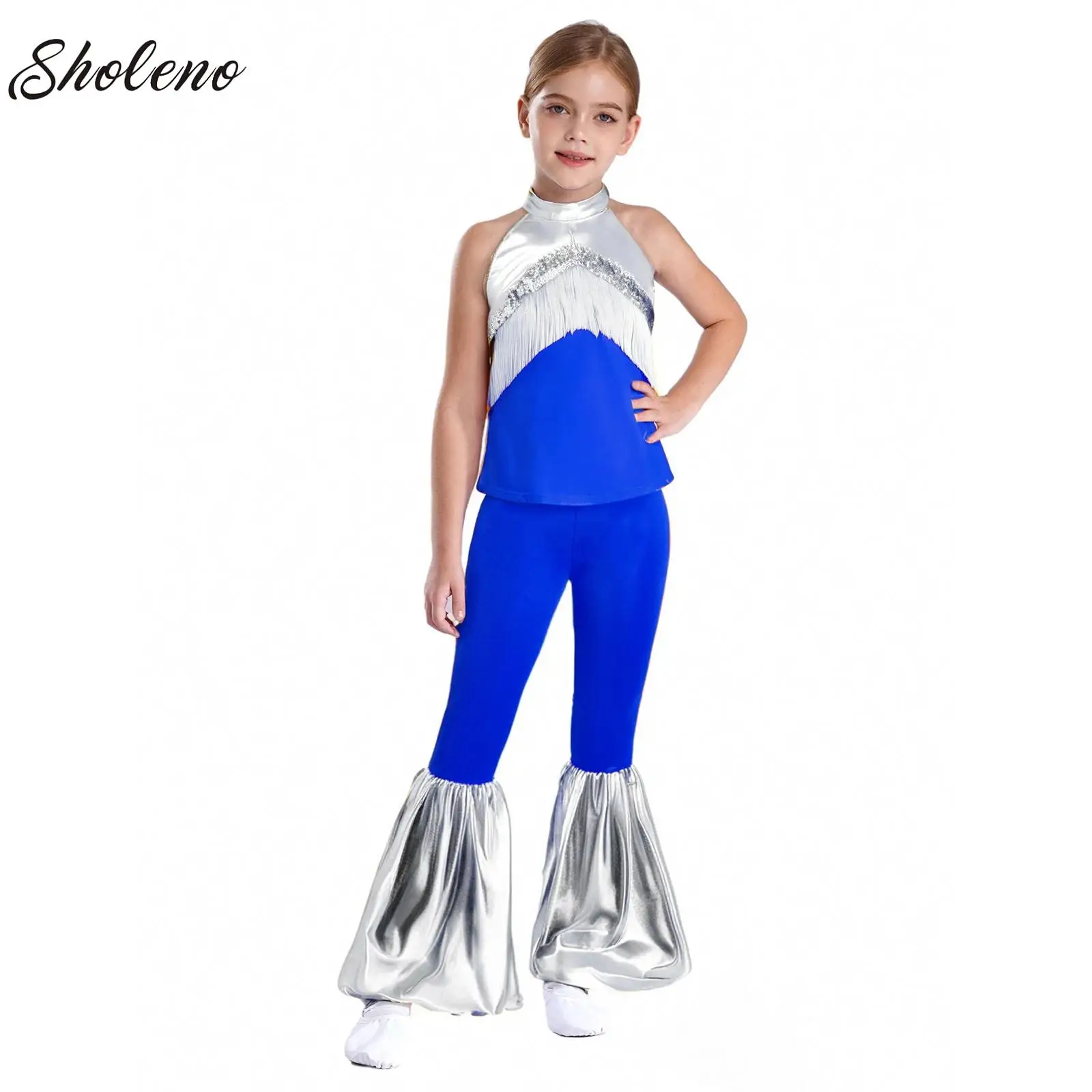 

Girls Boys Hip Hop Jazz Performance Costume Street Dance Outfits Shiny Sequins Metallic Crop Top with Flare Pants Kids Clothes