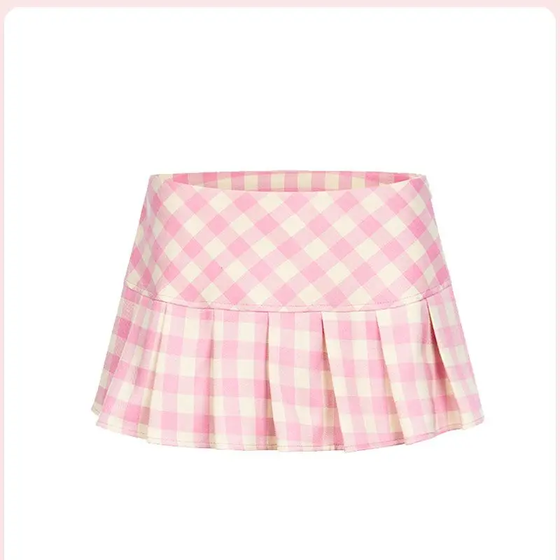Summer Y2K Sweet Kawaii Slim Plaid Mini Skirt Women American Vintage Pleated Skirt Casual Fashion High Waist A-line Skirt New