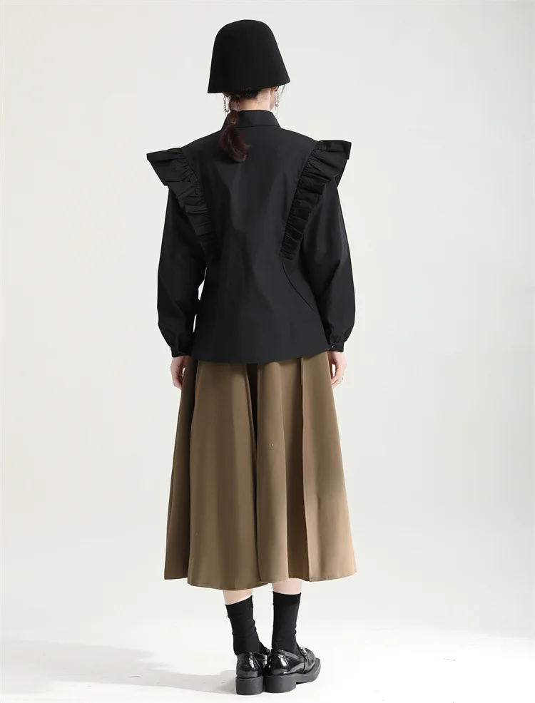 2024 new three-dimensional small flower lotus edge design shirt women's lapel draw rope to show thin white top