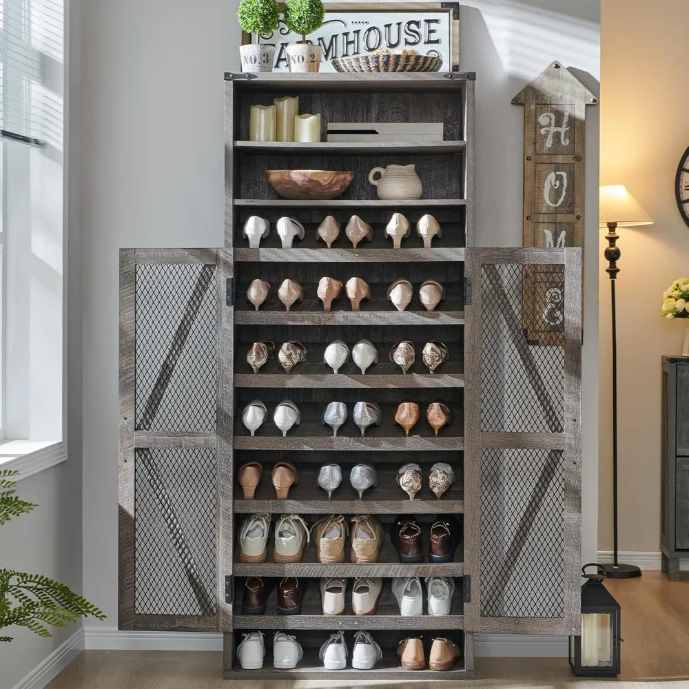 خزانة أحذية المزرعة، خزانة تخزين أحذية طويلة مع أرفف قابلة للتعديل ومكعبات مفتوحة، منظم أحذية خشبي صناعي، ريفي