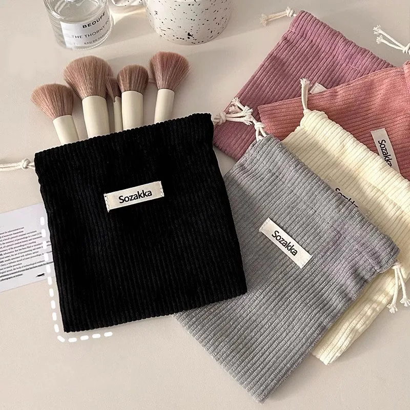 Women Girl Jewelry Lipstick Cosmetic Tote Rope Pouch String Bag Corduroy Small Coin Purse Key Earphone Drawstring Storage Bag