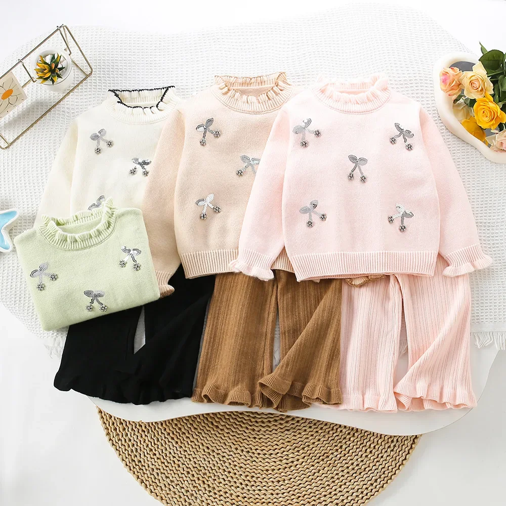 

Autumn Winter Korean Kids Clothes 2-6Y Girls Beaded Cherry Sweater & Ruffle Flare Pants Two Piece Set Cute Knitwear Suit