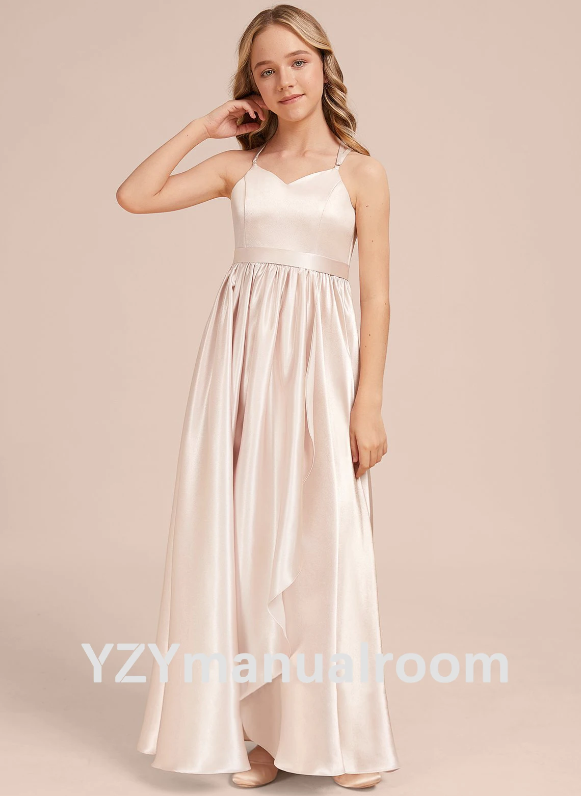 Girl dresses/dress/A-line V-Neck Floor-Length Stretch Satin Junior Bridesmaid Dress/Customizable