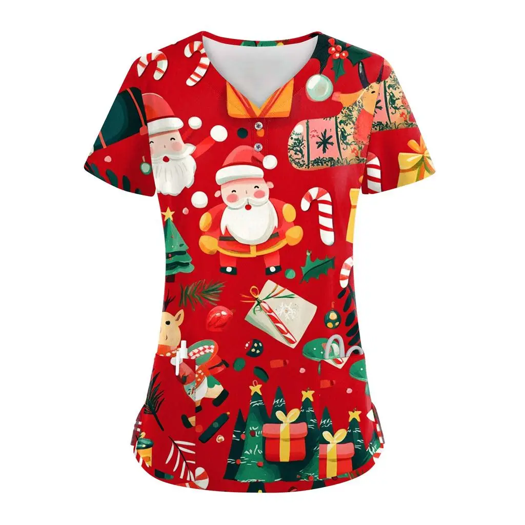 2025 Merry Christmas Work Uniform Short Sleeve V Neck Santa Claus Cartoon Pattern Top Christmas Fashion Casual