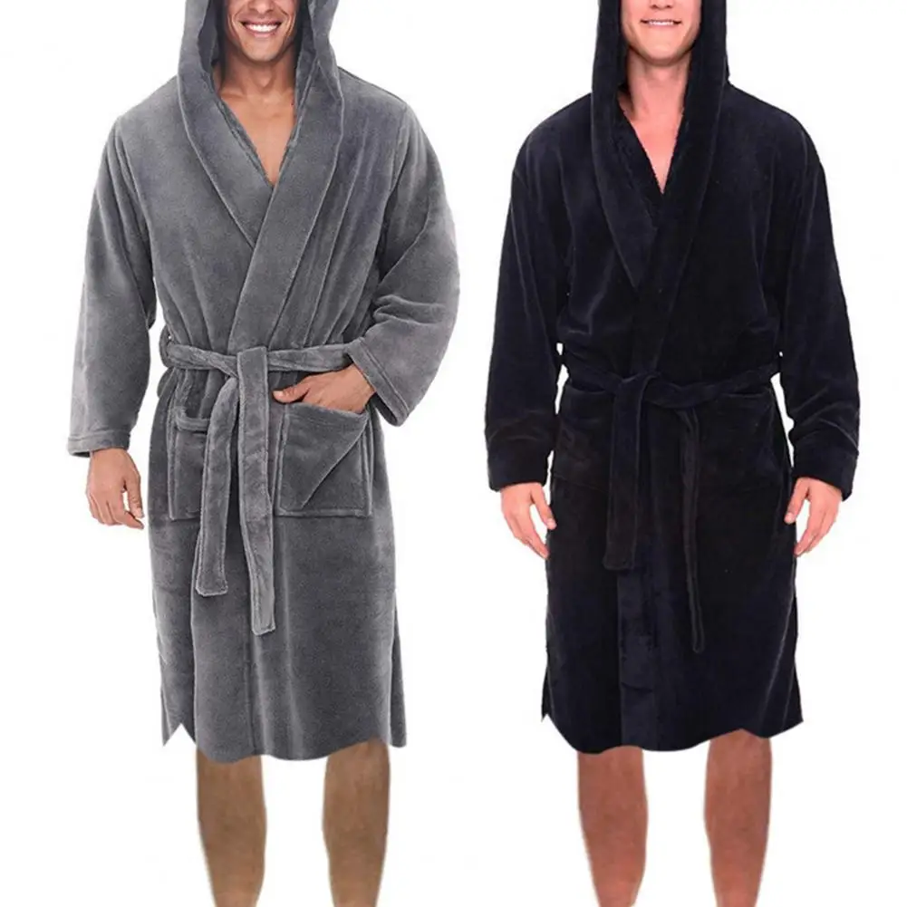 Chic Ankle Length Solid Color Open Stitch Winter Warm Hooded Long Fleece Home Gown Sleepwear Men Nightgown Anti-freeze