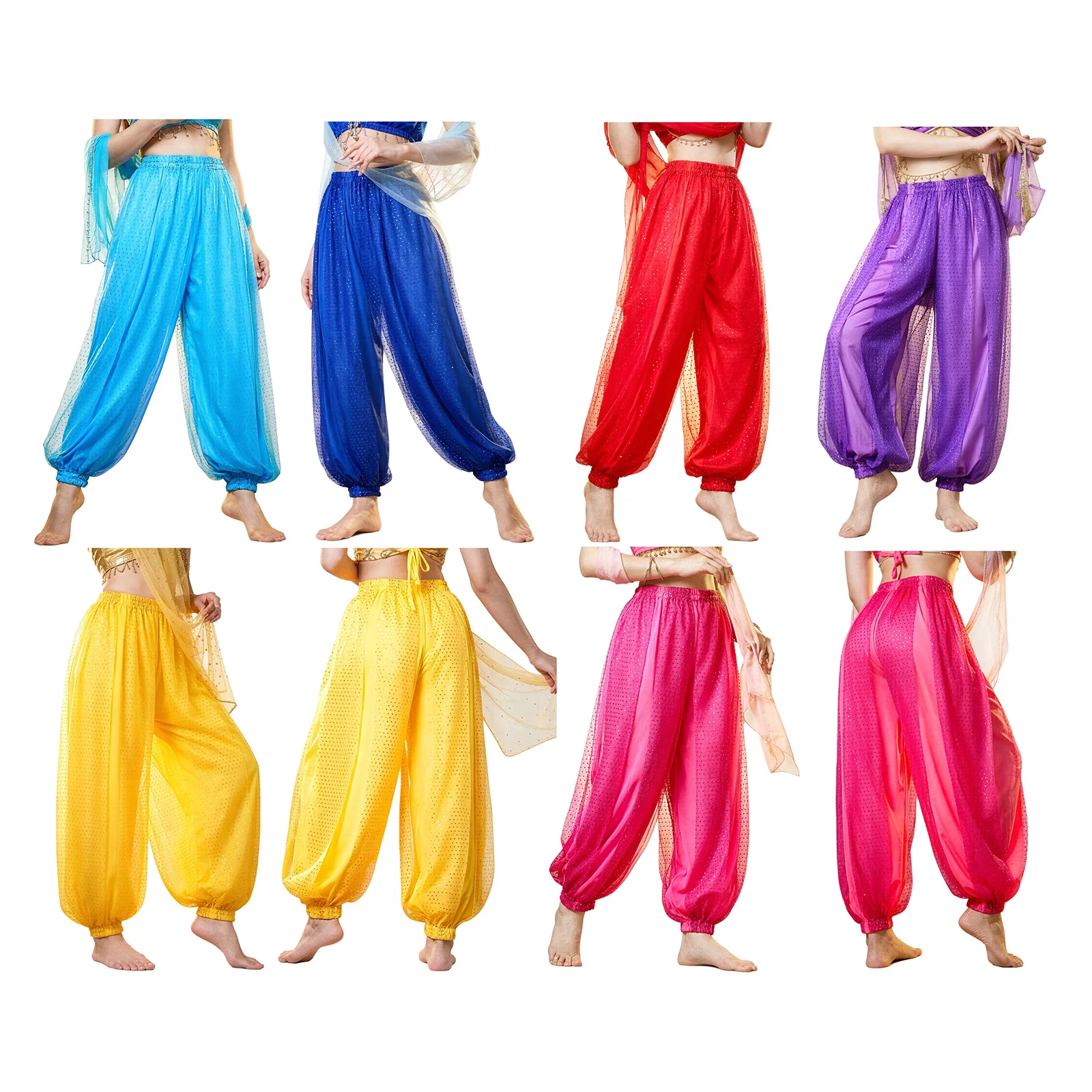 Women Belly Dancing Bloomers Elastic Waist Sequin Mesh Indian Dance Jogging Pants for Halloween Carnival Party Stage Performance