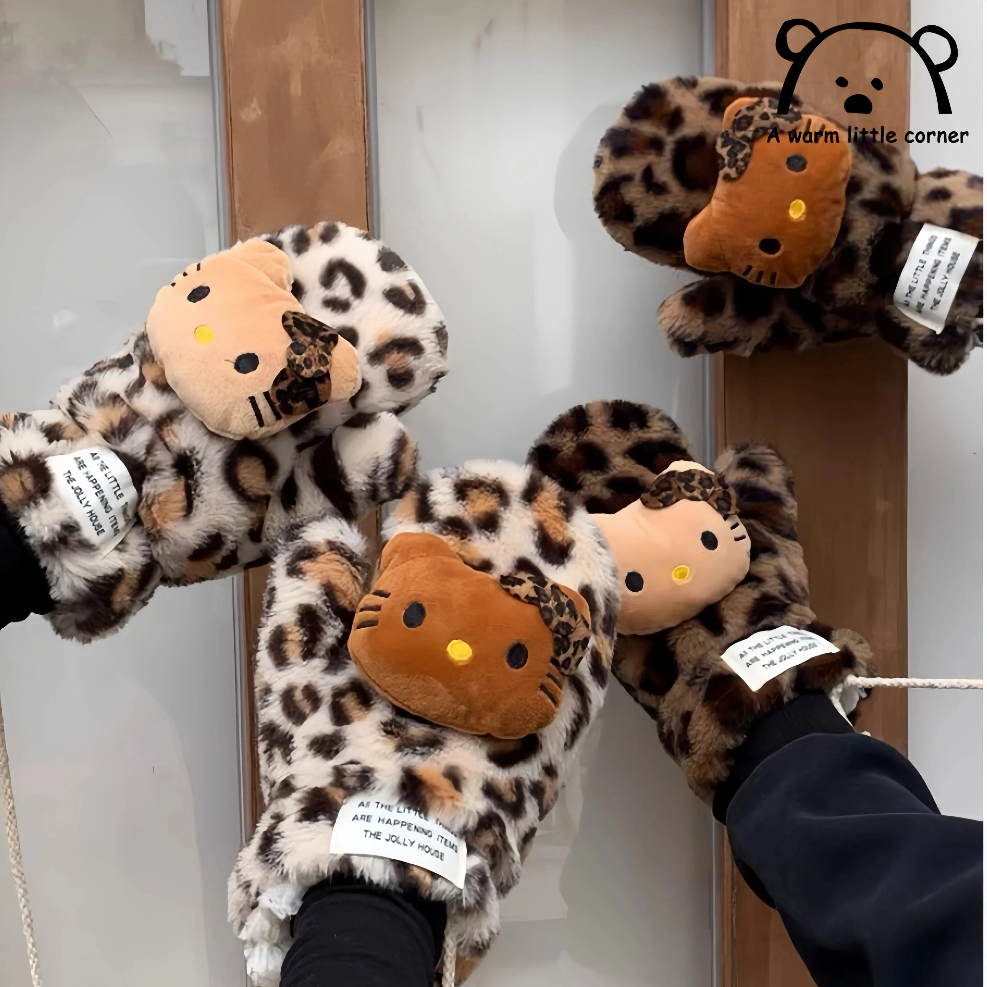 Gants en peluche chat Kt imprimé léopard pour filles pour garder au chaud en hiver épaissi pour le cyclisme et garder au chaud cadeau d'hiver pour les filles
