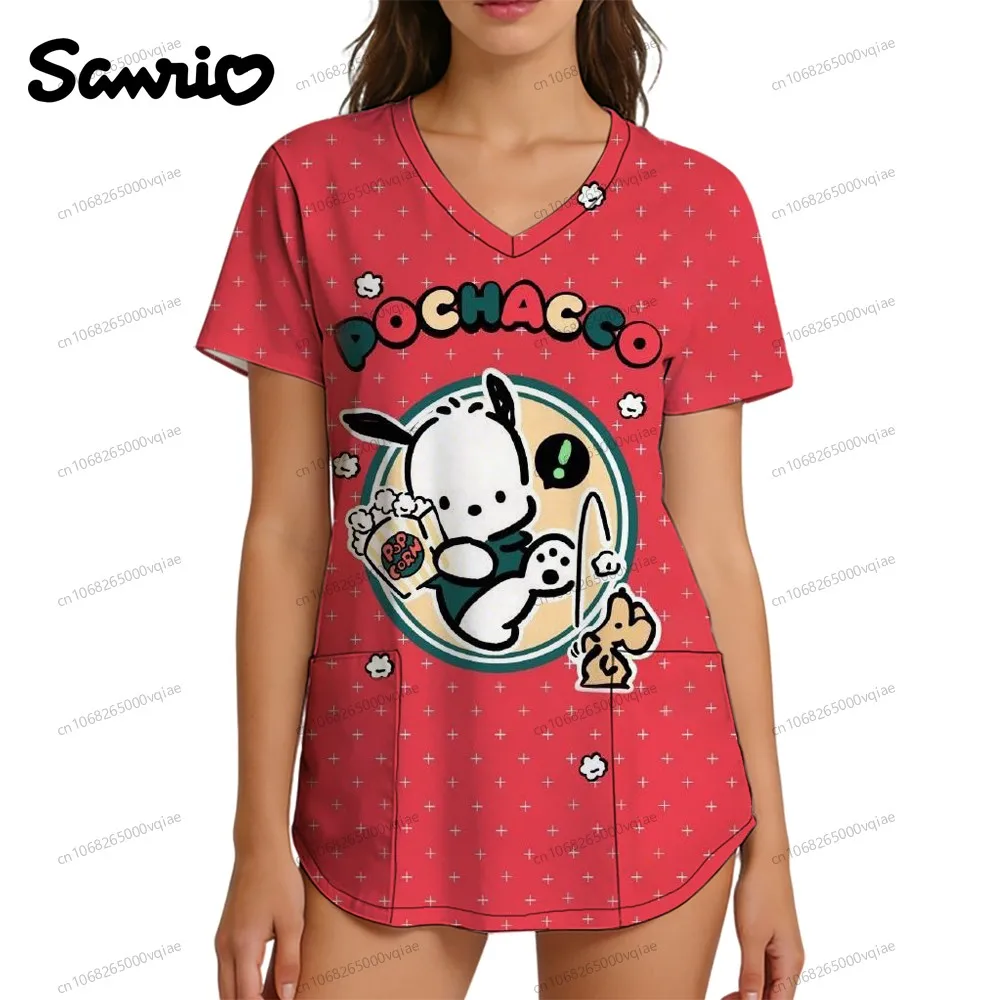 

Trend Women's T-shirt Nurse Uniform V Neck T Shirt Y2k Clothes Pochacco 2026 New Summer S-2XL Fashion Kawaii Pocket 3D Print