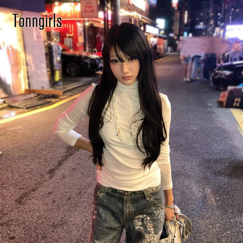 

Tonngirls Korean Style Print T-shirt Women Tuetleneck Slim Tee Tops Japanese 2000s Streetwear Tshirts Fairycore Grunge Tops Tee