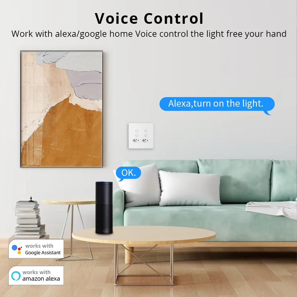 Yagusmart Tuya WiFi 4x4 Wall Switch with Brazil Sockets 4 Gang Touch Glass Switches with 2 16A Outlets Alexa Google Home Control