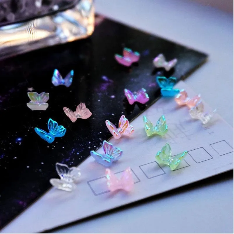 10Pcs Crystal Butterfly Rhinestone Flatback Shining Diamond Nail Jewelry 3D Aurora Symphony Handmade Butterfly Nail Art Charms