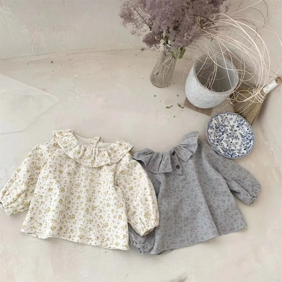 Baby Clothing Kids Shirt 2024 Spring Autumn Korean Style Girls Floral Long Sleeve Lotus Collar New Fashionable Kids Sweet Shirt