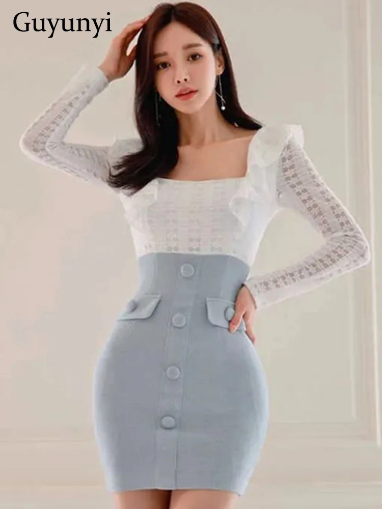 Elegant Office Lady Dress White Lace Square Neck With Ruffle Edge Full Sleeve High Waist Patchwork Blue Tight Mini Dress Women