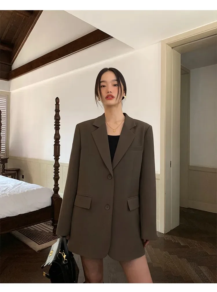 Black Long Sleeved Suit Jacket for Women\'s Fashion Korean Back Split Office Lady Blazer Coat Autumn Winter Jacket Loose Coat