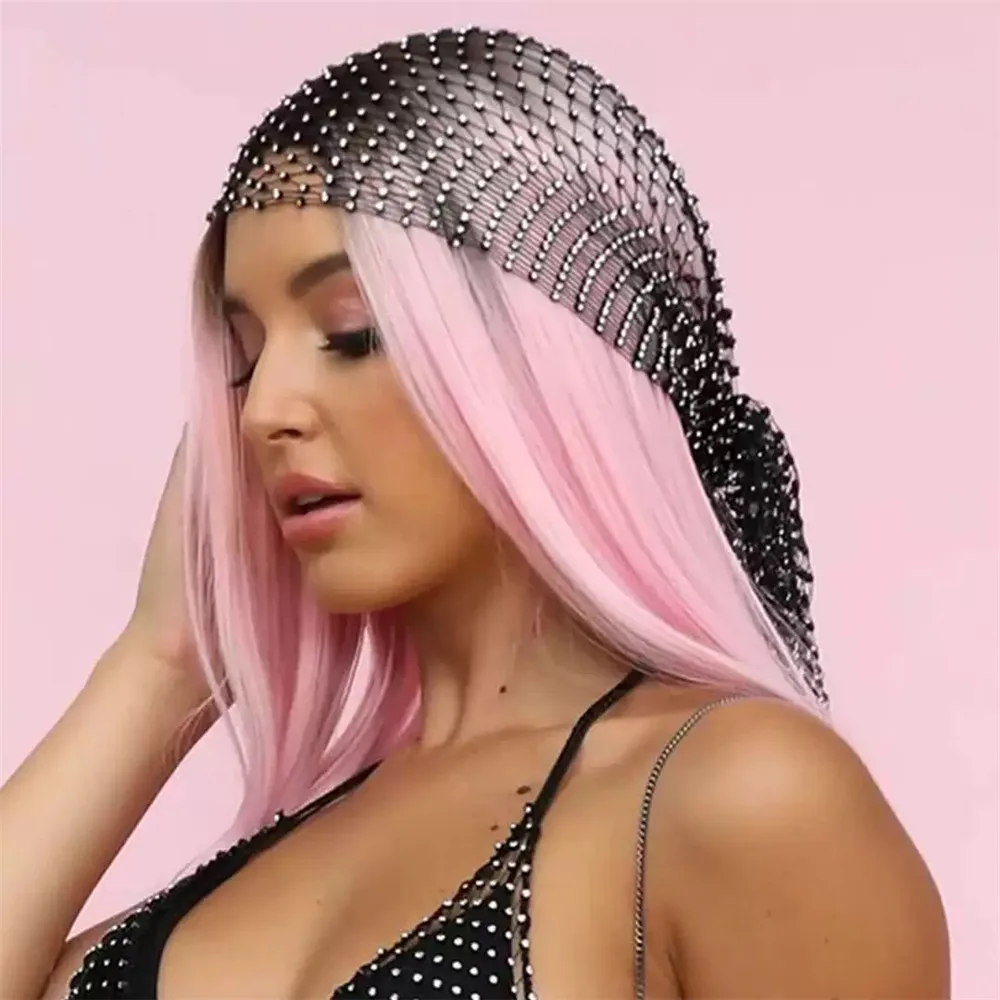 

Handmade Rhinestone Mesh Headscarf for Women, Hollow Out Fishnet Beanie Cap, Sparkly Party Hair Accessory