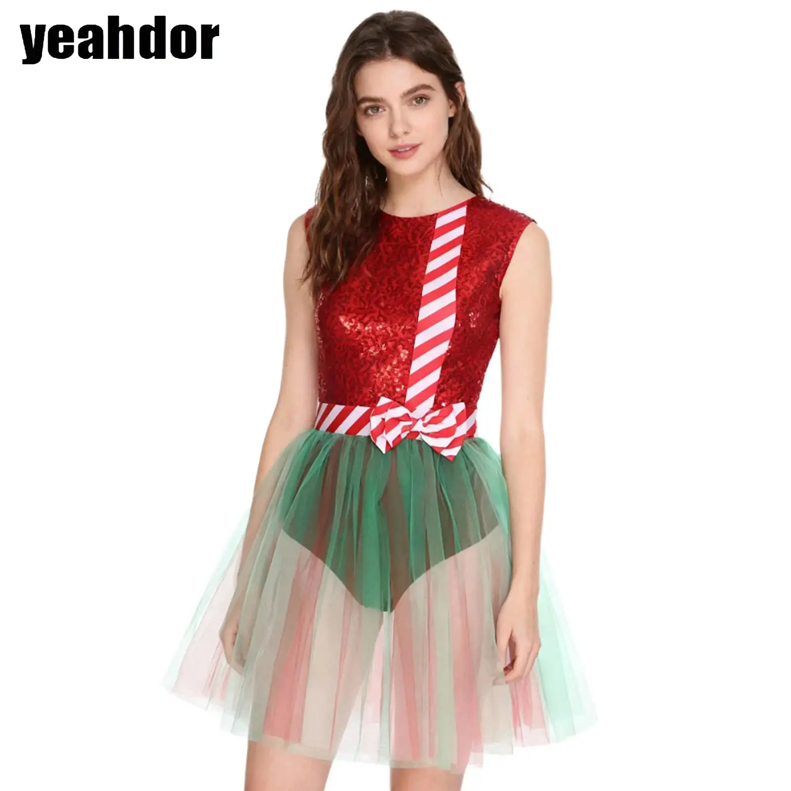 

Women Candy Cane Christmas Elf Costume Sparkly Sequin Bowknot Mesh Puffy Dress Skating Ballet Tutu Leotard Santa Claus Cosplay