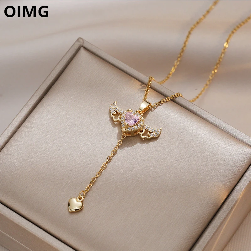 OIMG 316L Stainless Steel Gold Color Cupid Angel's Wings Pendant Necklace For Women Girls Clavicle Chain Party Jewelry Gift