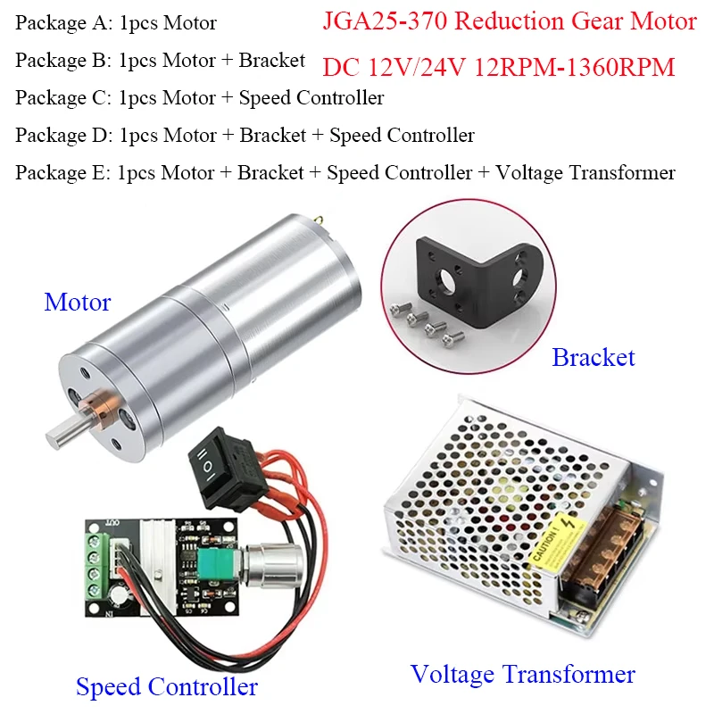 JGA25-370 DC 12V 24V 12RPM-1360RPM Reduction Gear Motor Large Torque High Power Worm Gear Motor Reversed Motor 370 Gear Motor