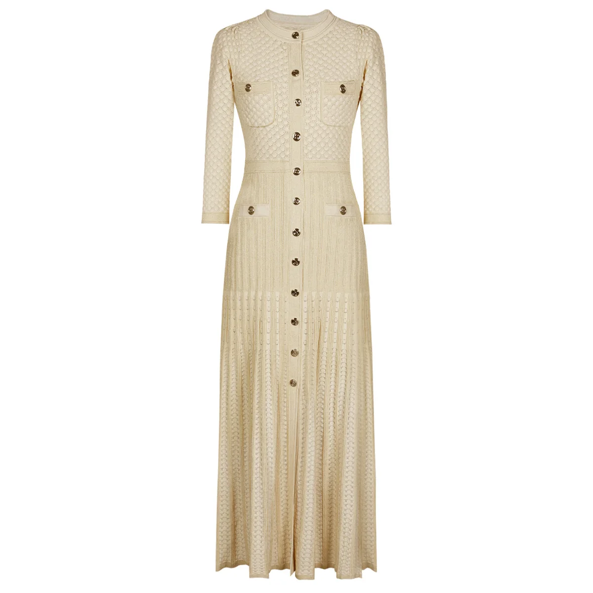 High Quality Fashionable Elastic Bright Silk Knitted Round Neck 7-inch Sleeve Single Row Button Lace Slim Fit Women's Dress