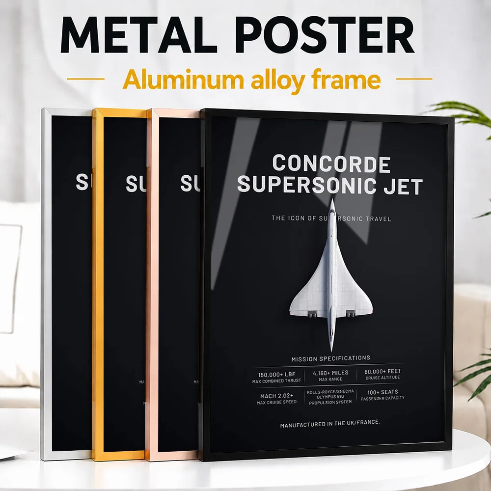 Top View Concorde Supersonic Jet Framed Aluminum Metal Poster Personalized Technical Graphic Wall Art For Flight Simulator Room