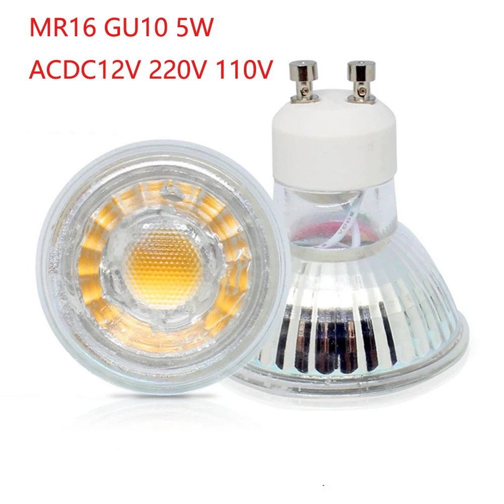 cob lampada led spotlight de vidro 5w ac 220v acdc12v 500600lm led branco quente substituir 50w luz de halogenio 10 pecas mr16 gu10 01