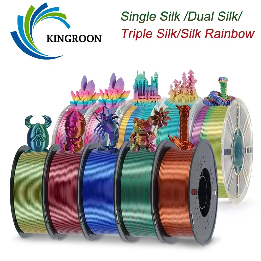 KINGROON 5KG Silk PLA Filament 1.75mm 1KG Tricolor Silk PLA 3D Printer Filament Neatly Wound Multicolor Rainbow 3D Filaments