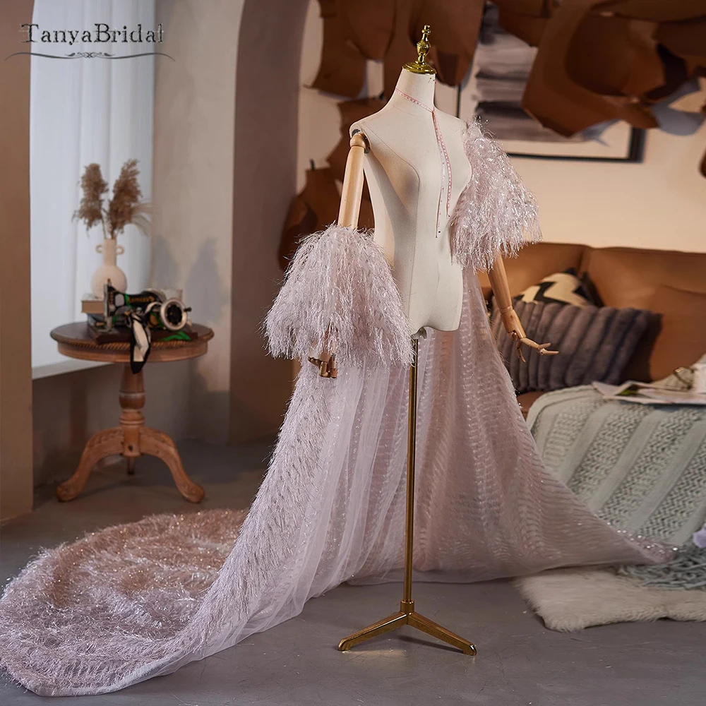 

Длинная свадебная накидка с меховым пером, роскошная свадебная куртка, вечернее пальто с короткими пышными рукавами DJ541