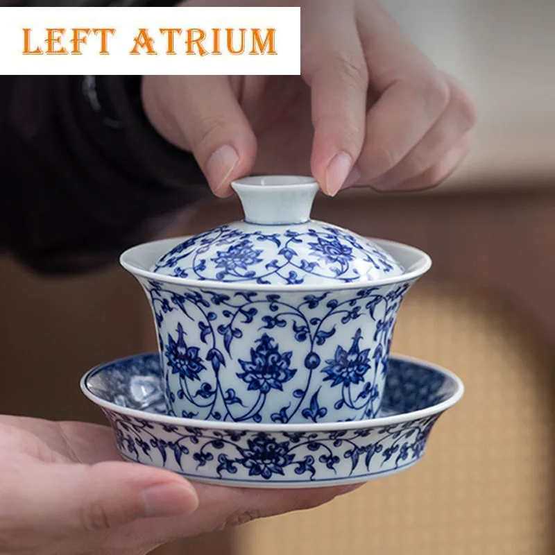 

Изысканная сине-белая фарфоровая чайная чашка Gaiwan, высококачественный керамический чайный сервиз, китайский домашний красивый чайник с крышкой, чайная чашка