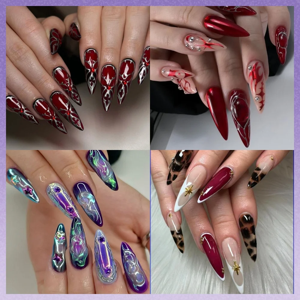 10Pcs Handmade Manicure Long Almond Red 3D Fake Nails New Punk Y2K INS Limited Press On Nails Design with Adhesive Nail File Set