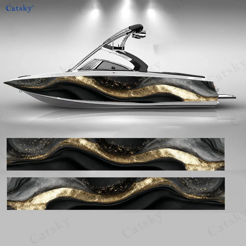 Flowing Gold Mist Cloud Pattern Boat Stickers, PVC Waterproof Vinyl Wrap Decals for Fishing Boats, Durable and Stylish Design