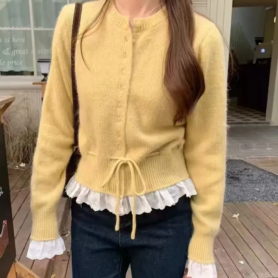 Lace patchwork Lace Up Sweater Korean Sweet Fake Two-piece O-neck Top Spring Autumn New Long Sleeved Knitted Cardigan For Women
