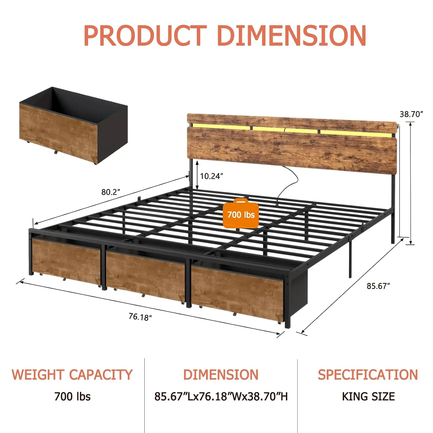 King Bed Frame Wood Headboard 3 Drawers Shelf Charging Station LED Metal Support No Box Spring Easy Assembly RGB USB, Customized