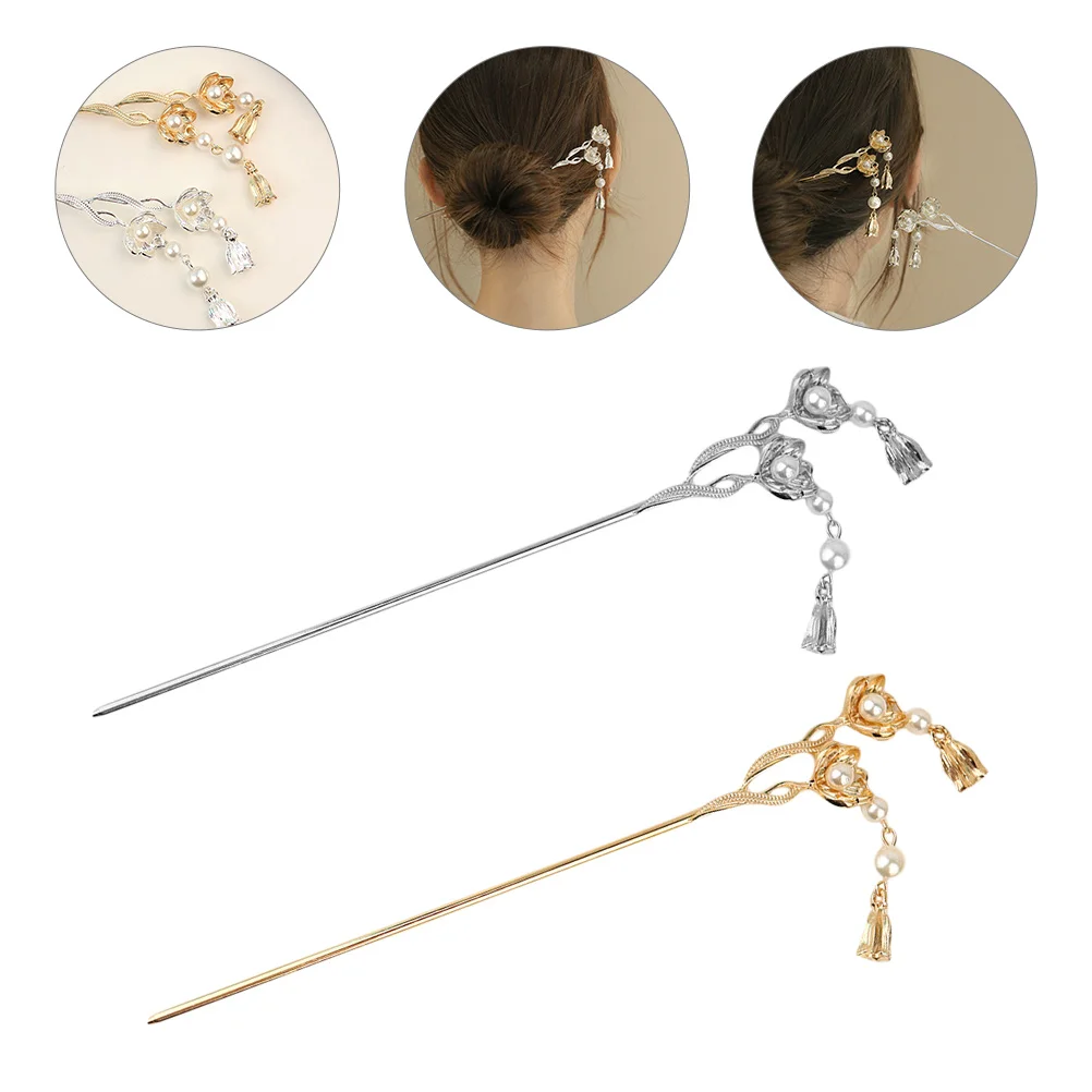 

2Pcs Pearl Flower Hairpin for Girls Japanese Style Alloy Bride Fork Light Weight Proper Size Women Hair Accessories