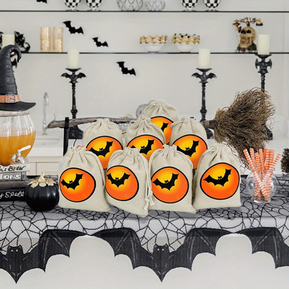 1/2/3pcs Bat Halloween Gift Bags Double Jute Drawstrings Burlap Bags Treat Bags Halloween Pouch Halloween Party Supplies