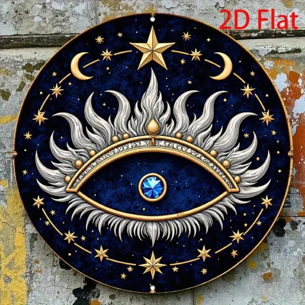 Metal Wall Art Islamic Hamsa Evil Eye Décor 7.8 Inch Round Star Pattern Hanging Sign For Home Living Room Bedroom