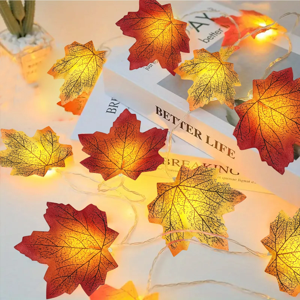 أضواء ليد ورقة القيقب لتزيين الهالويين ، تعمل بالبطارية ، في الهواء الطلق وداخل المنزل ، مصباح ديكور للهالويين ، 1: سلسلة #3