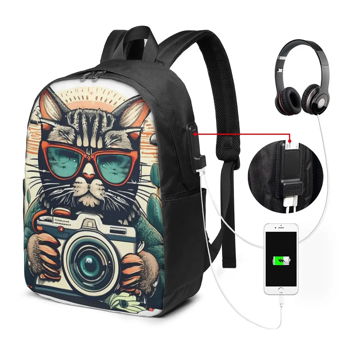 A Cat Holding A Camera Photography Backpack Travel Notebook Bag Computer College Student School Bag Laptop Shoulder Bags