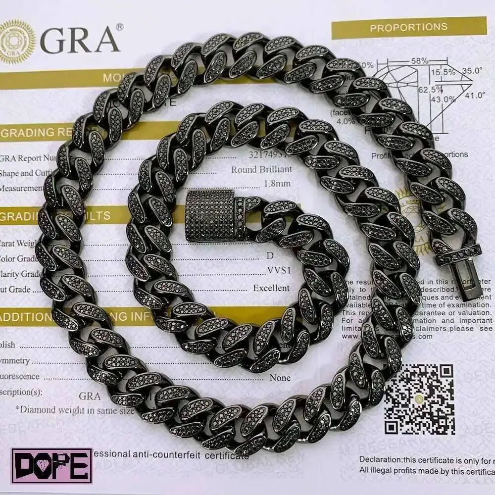 Iced Out 10mm VVS Moissanite Cuban Link Chain 925 Sterling Silver Wholesale Black Hip Hop Jewelry