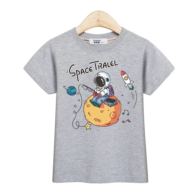 Children Summer Clothing Astronaut Cartoon T-shirt Baby Boys Short Sleeved Top Cotton Tees 3-14T