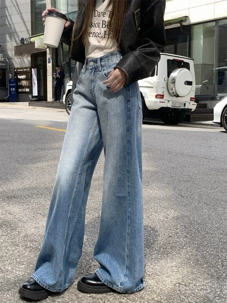 Women's Wide Leg Straight Washing Blue Jeans Street Vintage Cool Girl High Waist Baggy Pants Female Casual Denim Trousers