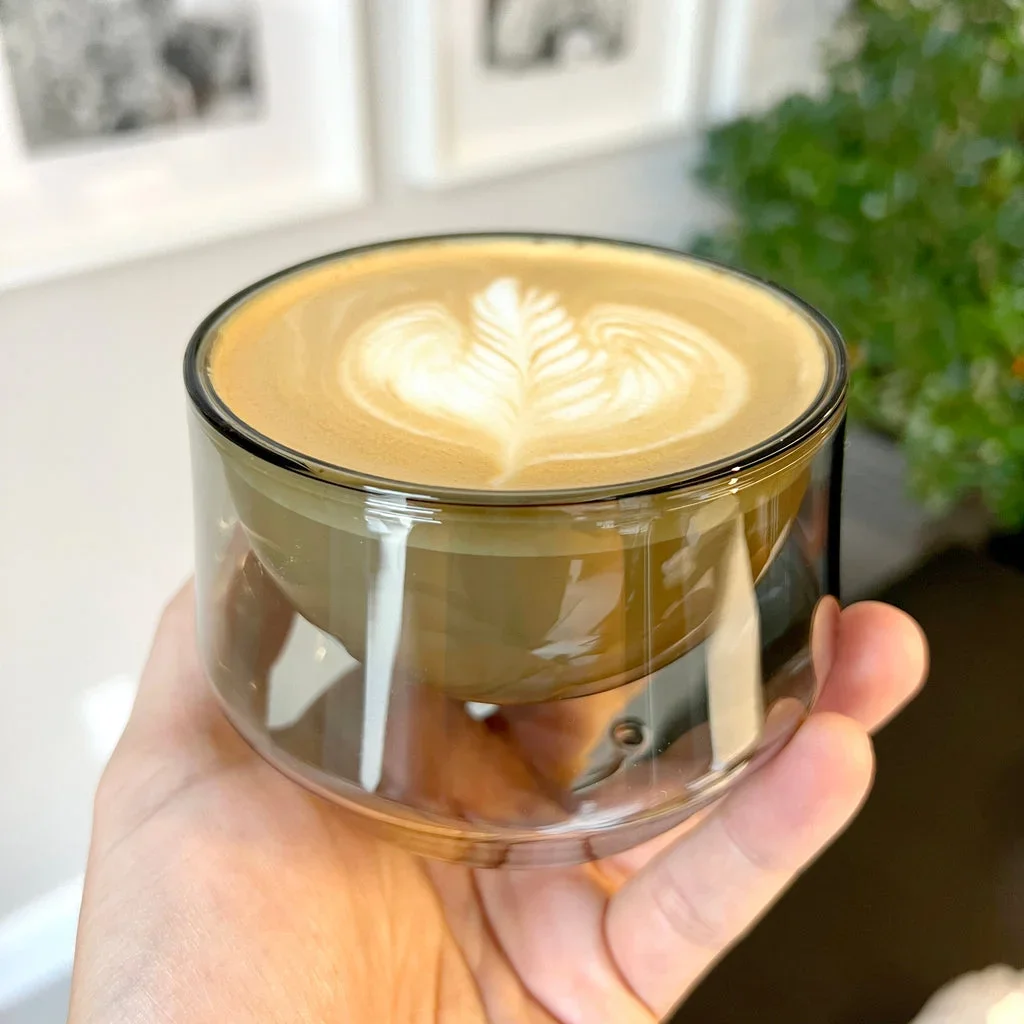 250ml Smoke Grey Double Layered Glass Cup for Latte Art Coffee Specialty Ball Shaped Kruve Vintage Style No Handle Portable