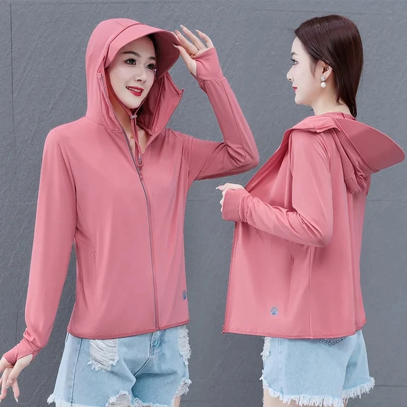 UPF 50+UV Sun Protection Clothing Women Hoodie Ice Silk Breathable Ultrathin Sunscreen Jacket Outdoor Short Fishing Running Coat