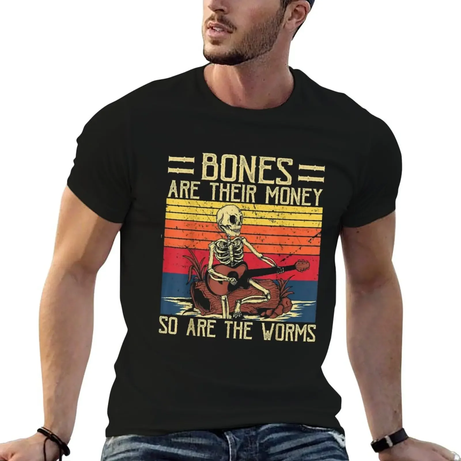 

Bones Are Their Money Skeleton Playing Guitar Retro Vintage T-Shirt quick-drying luxury designer oversized t shirts for men