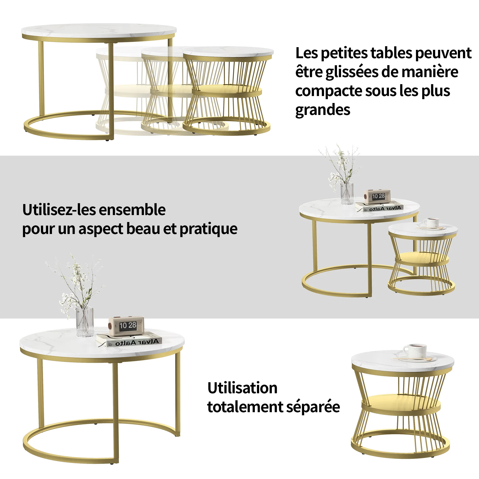 Okrągły stolik kawowy, zestaw 2 sztuk, drewniany stolik kawowy, nowoczesny zestaw stolików bocznych z metalową ramą do salonu, balkonu, biura