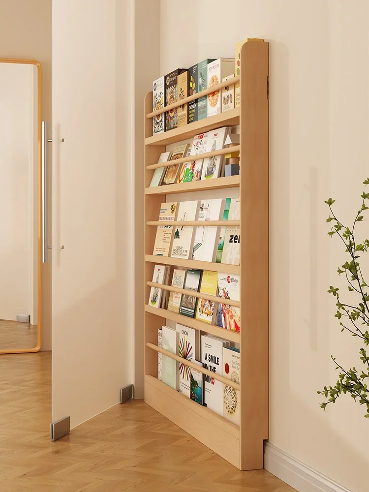 Narrow slit bookshelf behind door, floor to floor storage, solid wood wall mounted against wall